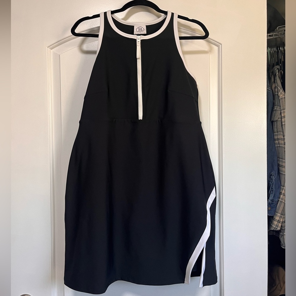 Black Athletic Dress with White Trim & Small Slit